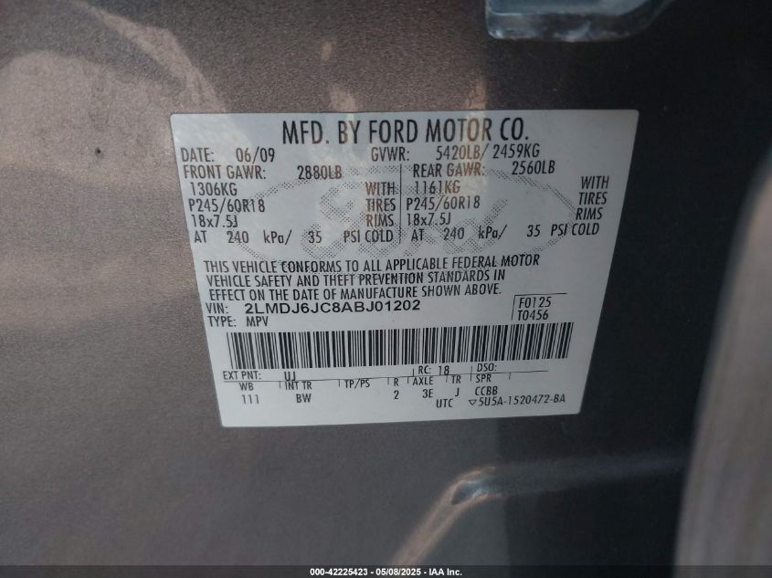 2010 Lincoln Mkx VIN: 2LMDJ6JC8ABJ01202 Lot: 42225423