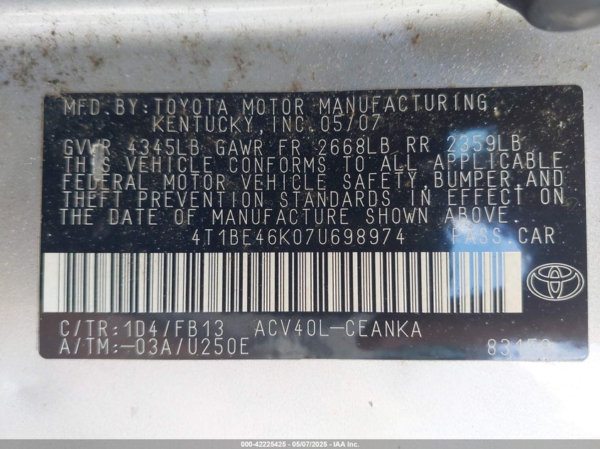 2007 TOYOTA CAMRY VIN: 4T1BE46K07U698974