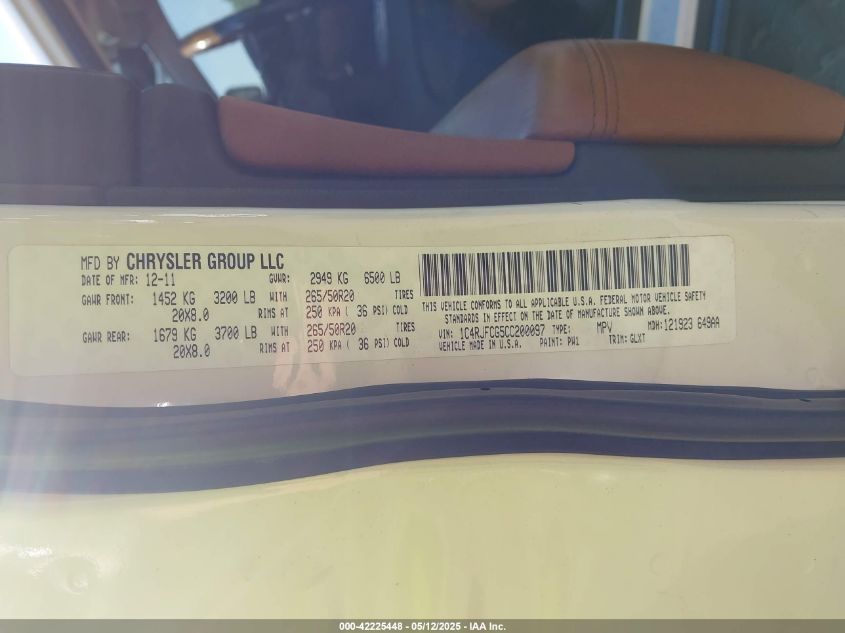 2012 Jeep Grand Cherokee Overland VIN: 1C4RJFCG5CC200097 Lot: 42225448