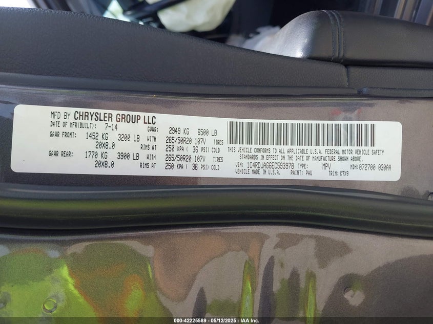 2014 DODGE DURANGO VIN: 1C4RDJAG6EC593978