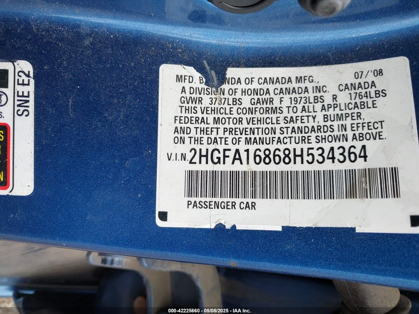 2008 HONDA CIVIC VIN: 2HGFA16868H534364