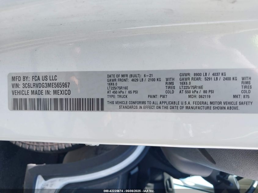 2021 Ram Promaster 2500 High Roof 159 Wb VIN: 3C6LRVDG3ME565967 Lot: 42225674