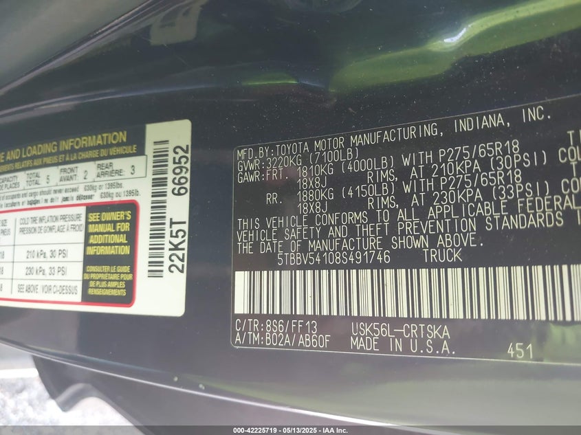 2008 TOYOTA TUNDRA VIN: 5TBBV54108S491746
