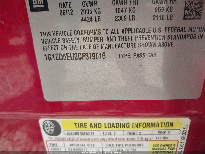 2012 CHEVY MALIBU VIN: 1G1ZD5EU2CF379016