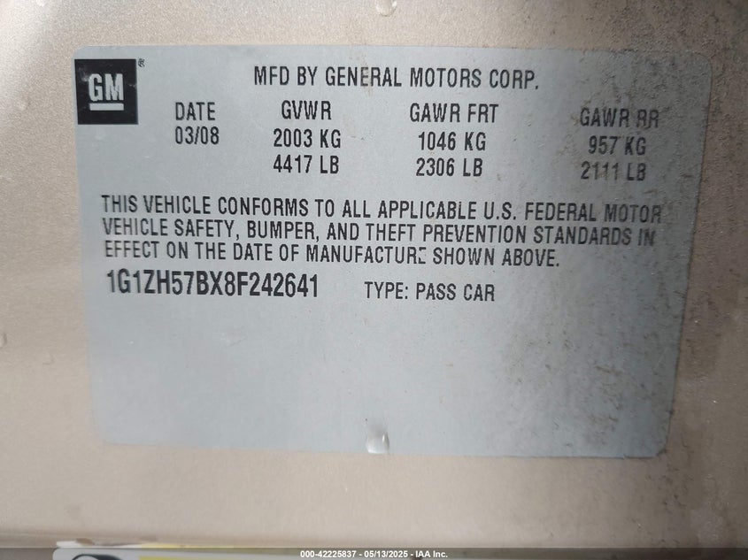 2008 CHEVROLET MALIBU VIN: 1G1ZH57BX8F242641