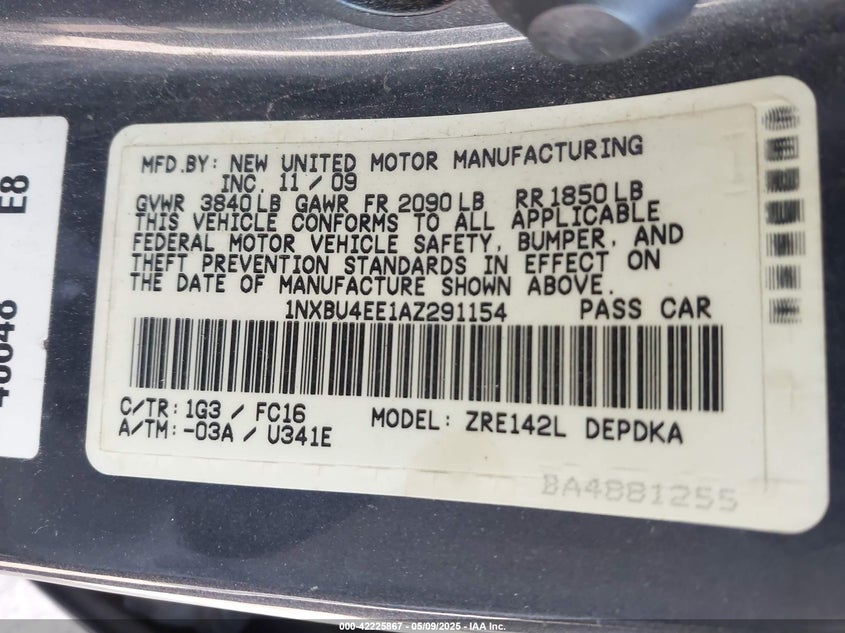 2010 TOYOTA COROLLA VIN: 1NXBU4EE1AZ291154
