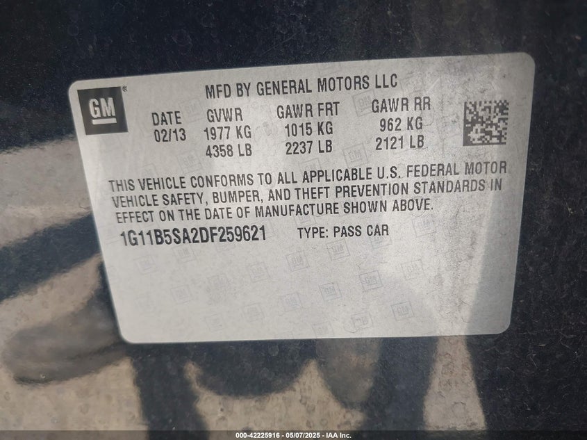 2013 CHEVROLET MALIBU VIN: 1G11B5SA2DF259621