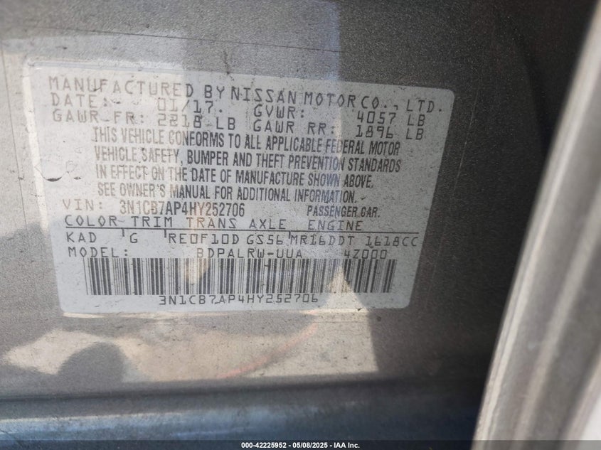 VIN 3N1CB7AP4HY252706 2017 NISSAN SENTRA SR TURBO