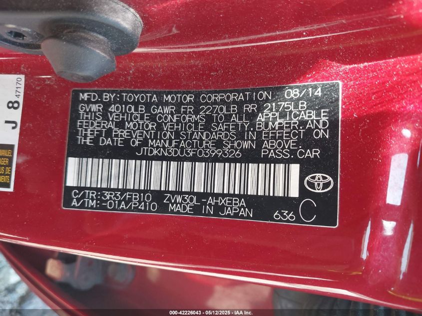 2015 Toyota Prius Three VIN: JTDKN3DU2F1981203 Lot: 42226043