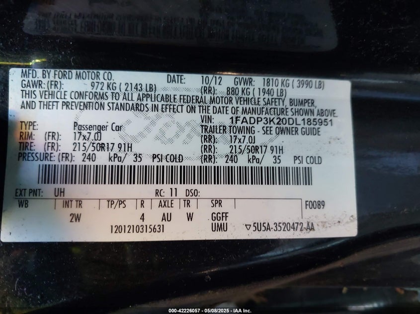 2013 FORD FOCUS VIN: 1FADP3K20DL185951
