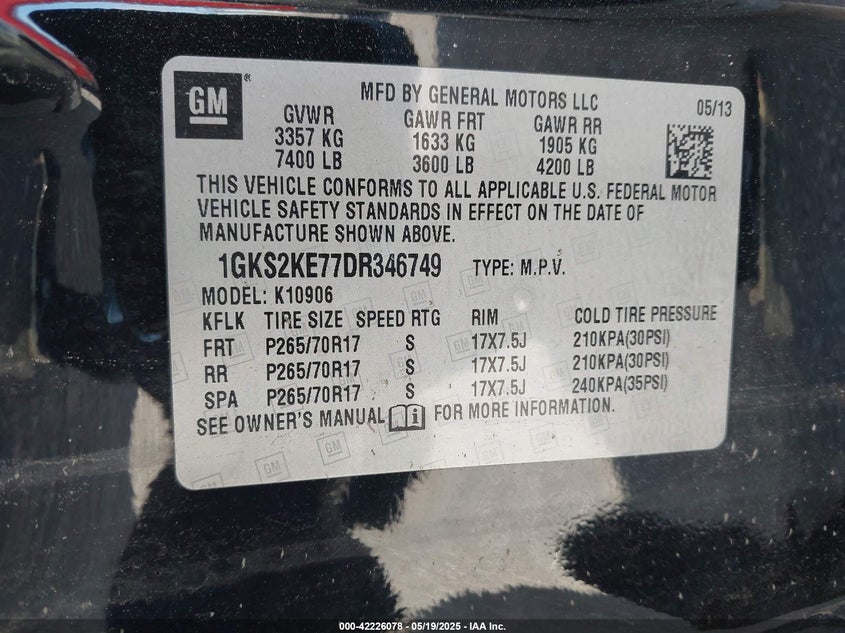 2013 GMC YUKON XL 1500 VIN: 1GKS2KE77DR346749