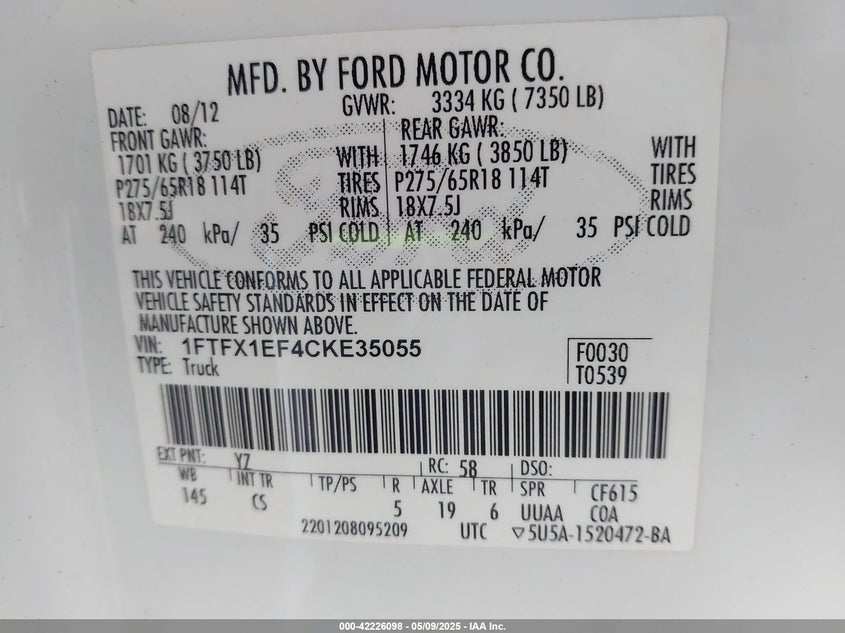 2012 FORD F-150 VIN: 1FTFX1EF4CKE35055