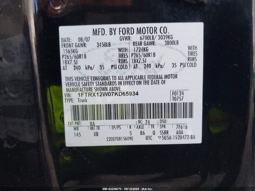 2007 Ford F-150 Stx/Xl/Xlt VIN: 1FTRX12W07KD65934 Lot: 42226270