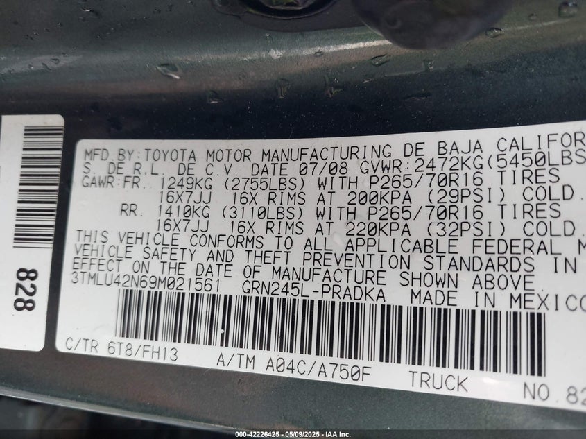 2009 TOYOTA TACOMA VIN: 3TMLU42N69M021561
