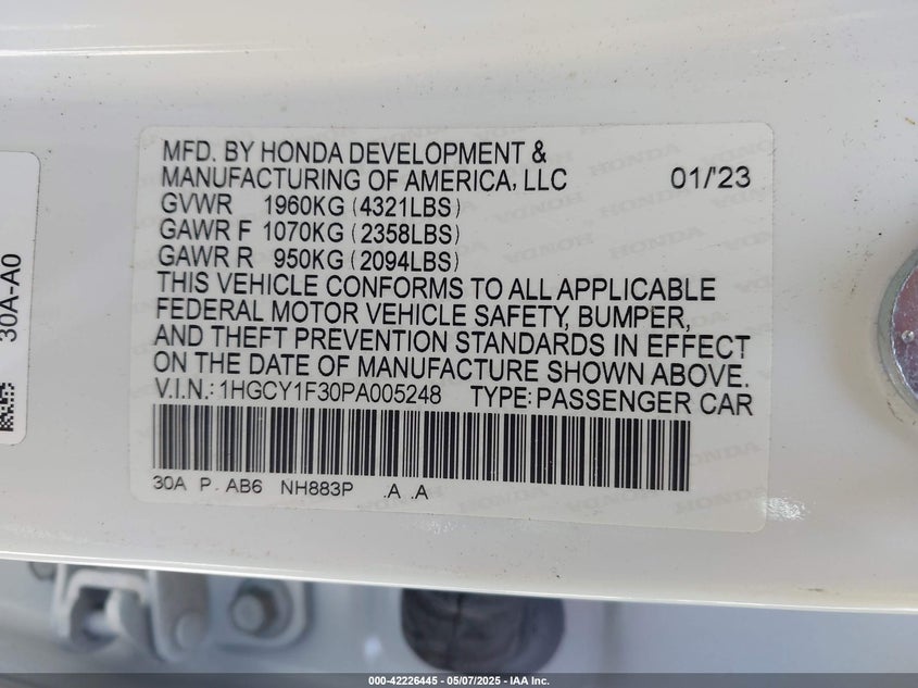 2023 HONDA ACCORD VIN: 1HGCY1F30PA005248