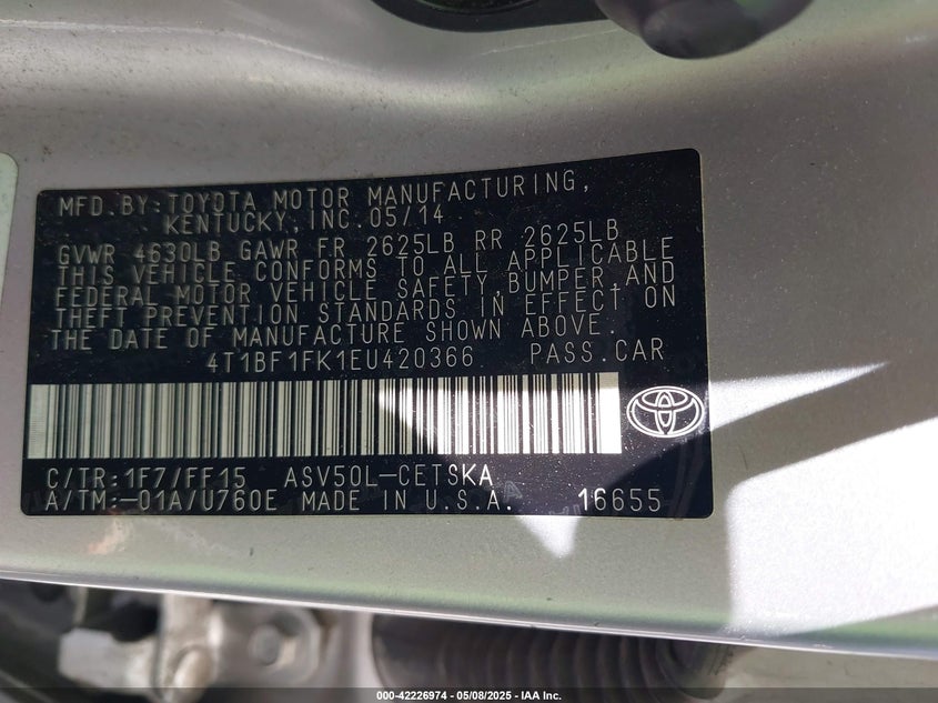 2014 TOYOTA CAMRY VIN: 4T1BF1FK1EU420366