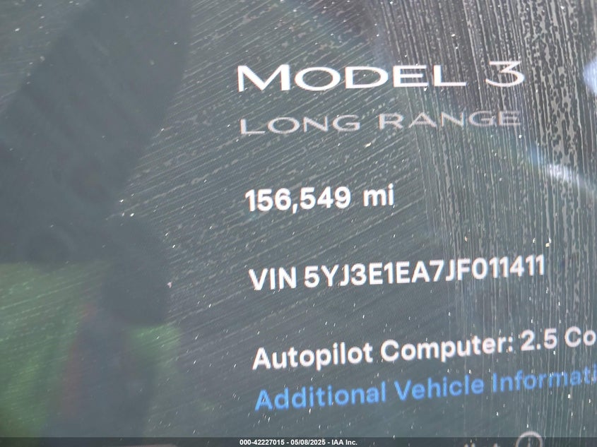 2018 Tesla Model 3 Long Range/Mid Range VIN: 5YJ3E1EA7JF011411 Lot: 42227015