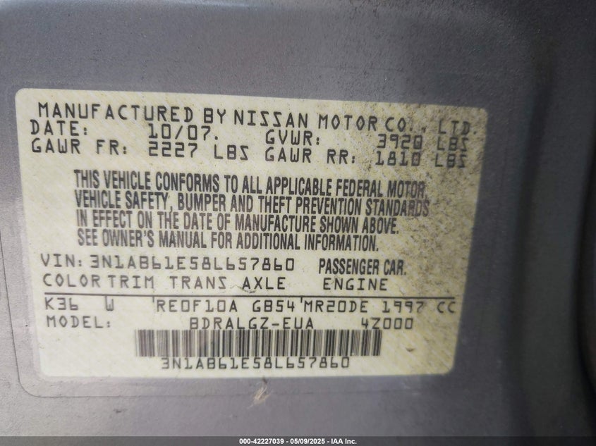 2008 NISSAN SENTRA VIN: 3N1AB61E58L657860