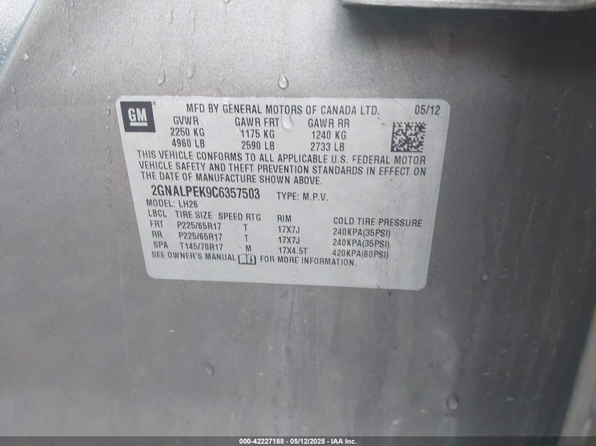 2012 CHEVROLET EQUINOX VIN: 2GNALPEK9C6357503