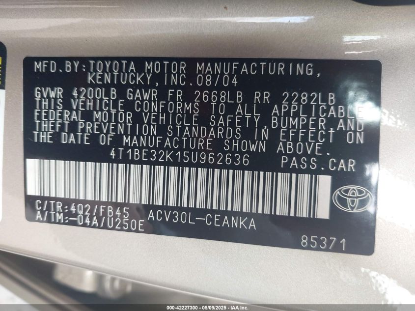 2005 Toyota Camry Le VIN: 4T1BE32K15U962636 Lot: 42227300