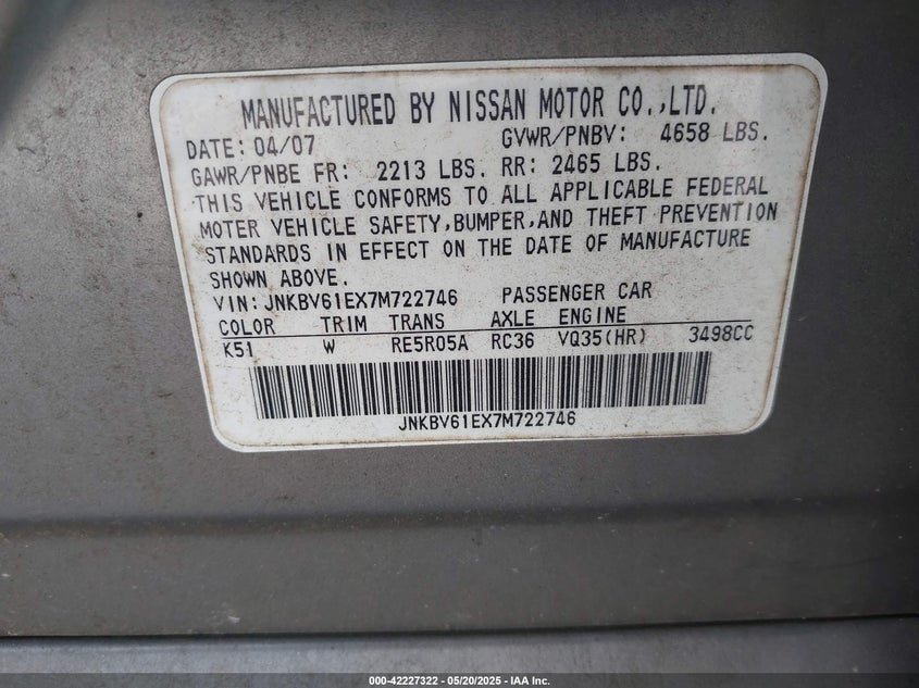 2007 INFINITI G35 VIN: JNKBV61EX7M722746