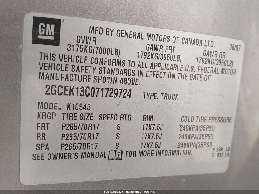 2007 CHEVROLET SILVERADO 1500 VIN: 2GCEK13C071729724
