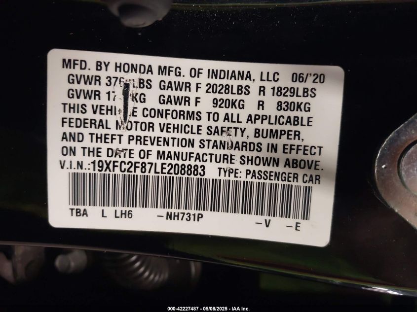 2020 Honda Civic Sport VIN: 19XFC2F87LE208883 Lot: 42227487