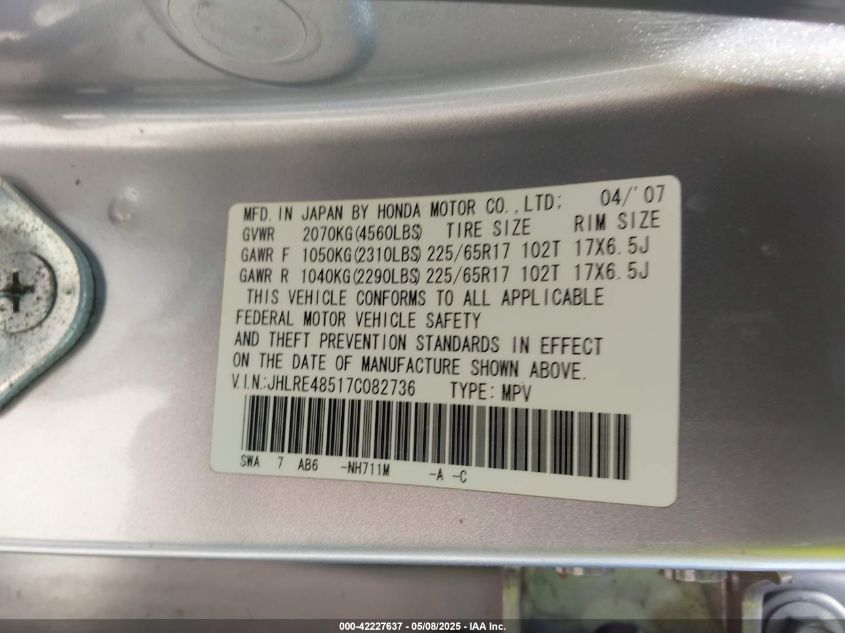 2007 Honda Cr-V Ex VIN: JHLRE48517C082736 Lot: 42227637