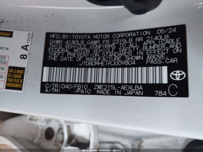 2024 Toyota Corolla Hybrid Le VIN: JTDBDMHE1RJ009804 Lot: 42227806