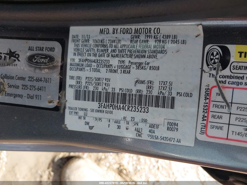 2012 FORD FUSION VIN: 3FAHP0HA4CR235233