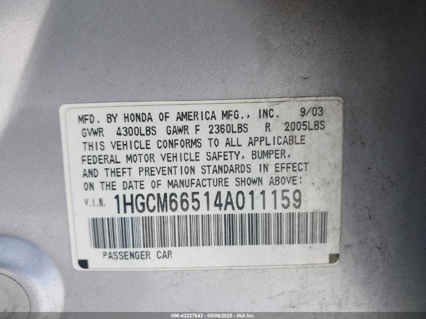 2004 Honda Accord 3.0 Ex VIN: 1HGCM66514A011159 Lot: 42227843