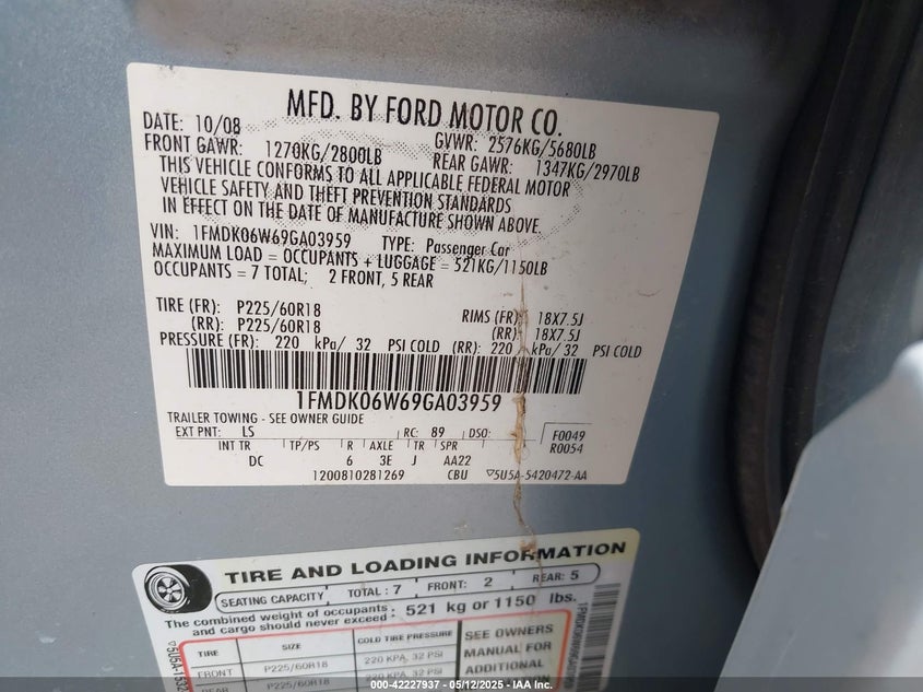 2009 FORD TAURUS X VIN: 1FMDK06W69GA03959