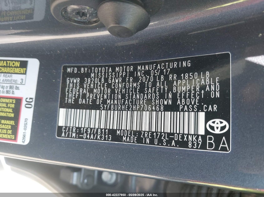 2017 TOYOTA COROLLA VIN: 5YFBURHE2HP706468