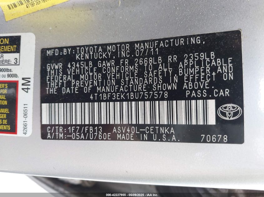 2011 Toyota Camry Le VIN: 4T1BF3EK1BU757578 Lot: 42227955