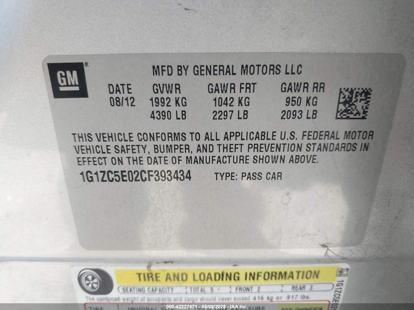 2012 CHEVROLET MALIBU VIN: 1G1ZC5E02CF393434