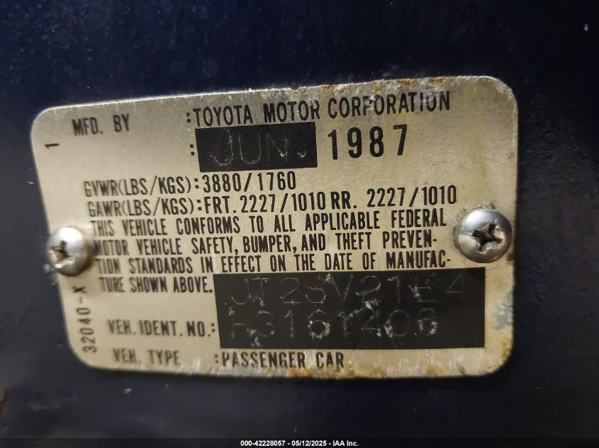 1987 Toyota Camry Dlx VIN: JT2SV21E4H3161406 Lot: 42228057