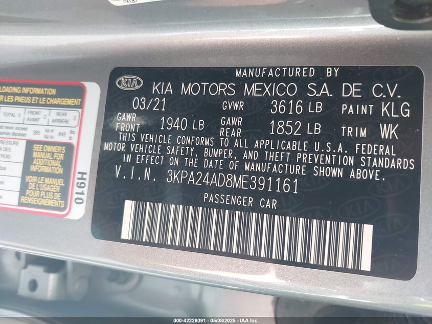 2021 KIA RIO VIN: 3KPA24AD8ME391161