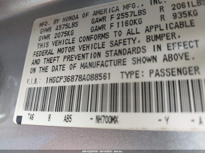 2008 HONDA ACCORD VIN: 1HGCP36878A088561