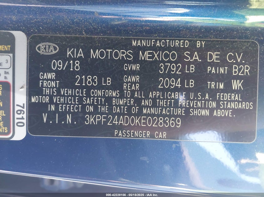 2019 KIA FORTE VIN: 3KPF24AD0KE028369