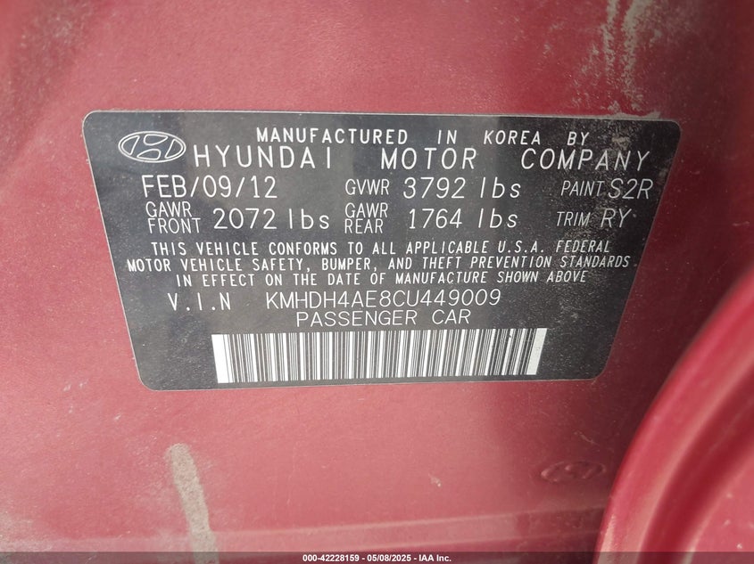 2012 HYUNDAI ELANTRA VIN: KMHDH4AE8CU449009