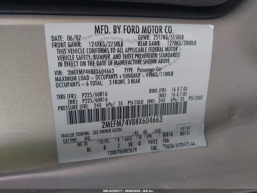 2008 MERCURY GRAND MARQUIS VIN: 2MEFM74V88X604663