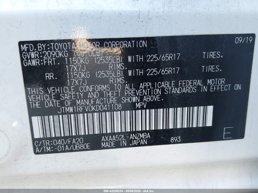 2019 Toyota Rav4 Xle VIN: JTMW1RFV0KD041108 Lot: 42228234