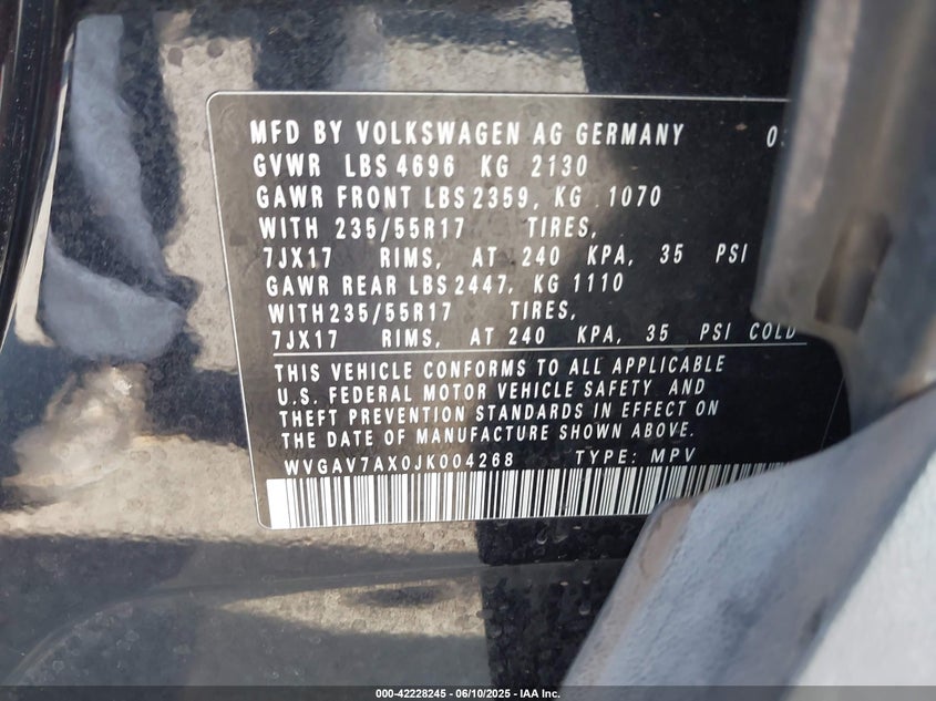 VIN WVGAV7AX0JK004268 2018 VOLKSWAGEN TIGUAN LIMITED 2.0T