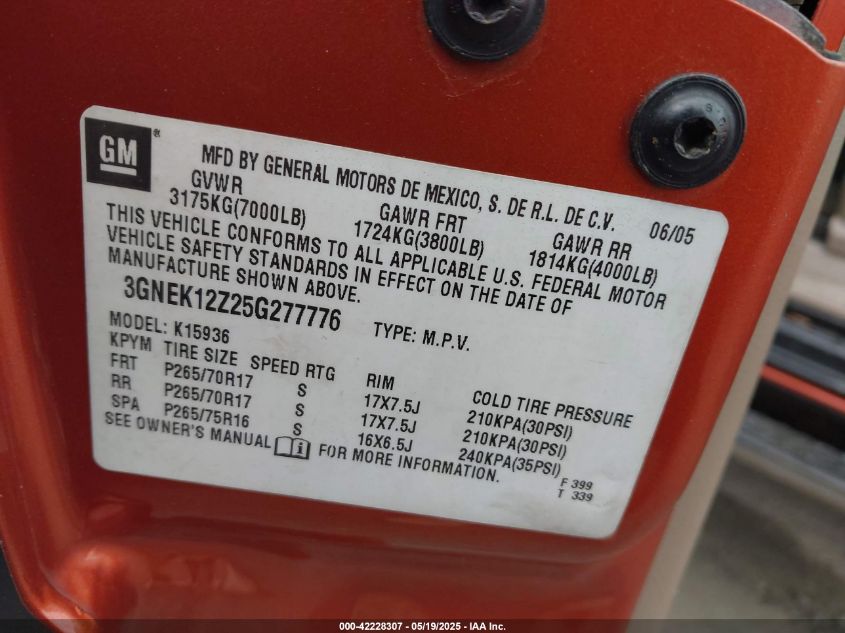 2005 Chevrolet Avalanche Z71 VIN: 3GNEK12Z25G277776 Lot: 42228307