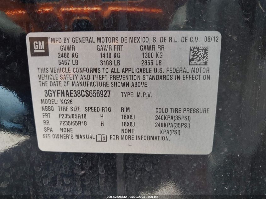 2012 Cadillac Srx Luxury Collection VIN: 3GYFNAE38CS656927 Lot: 42228332