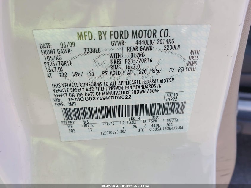2009 FORD ESCAPE VIN: 1FMCU02759KD02022