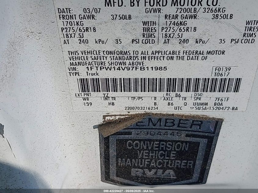 2007 Ford F-150 Fx4/Lariat/Xlt VIN: 1FTPW14V97FB11985 Lot: 42228427