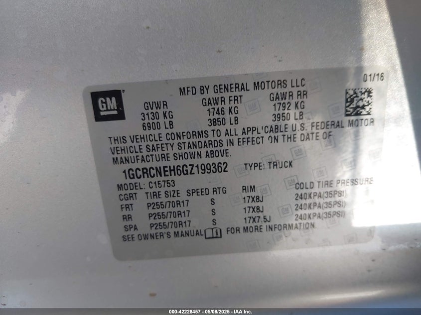 2016 CHEVROLET SILVERADO 1500 VIN: 1GCRCNEH6GZ199362