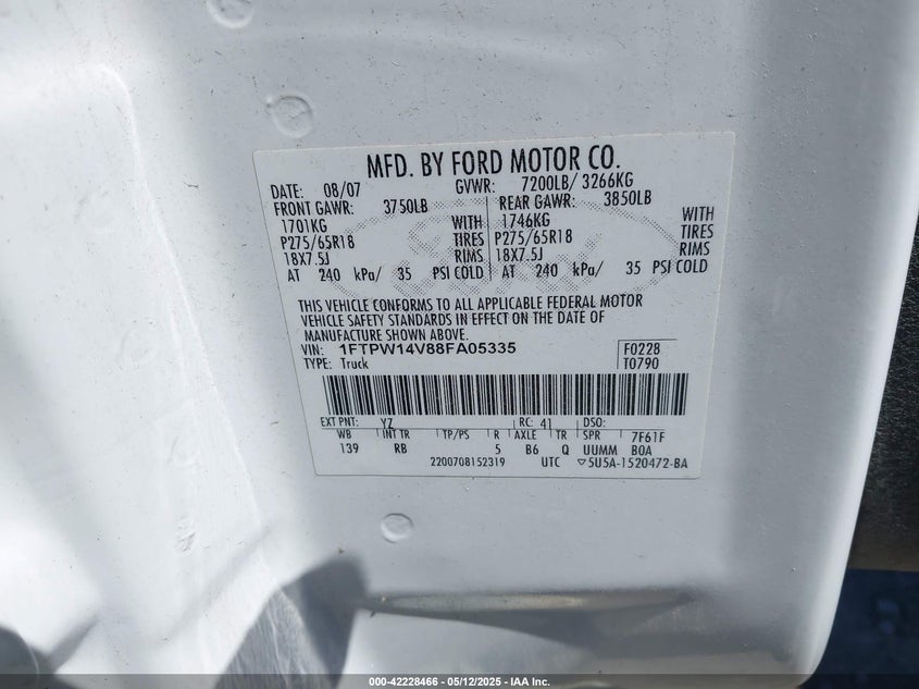 2008 FORD F-150 VIN: 1FTPW14V88FA05335