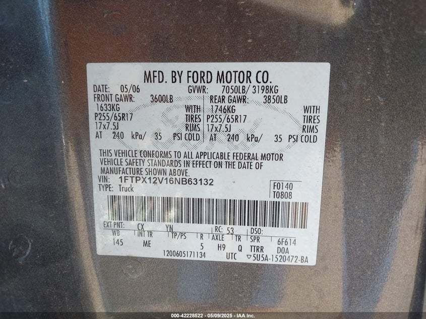 2006 FORD F-150 VIN: 1FTPX12V16NB63132